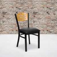Flash Furniture Hercules Series Black Slat Back Metal Restaurant Chair with Natural Wood Back and Black Vinyl Seat XU-DG-6G7B-SLAT-BLKV-GG